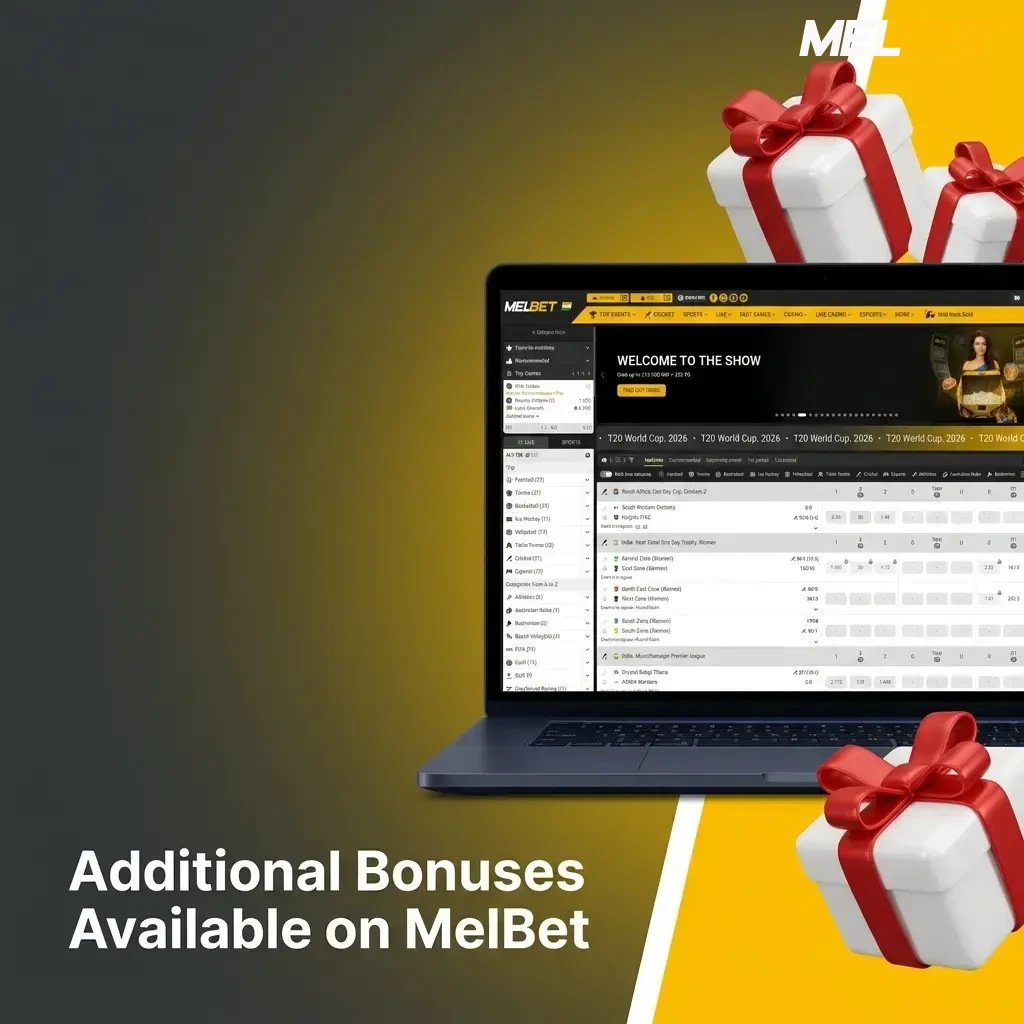 MelBet additional bonuses including accumulator boost, cashback, free bet, birthday bonus, reload offers and VIP rewards