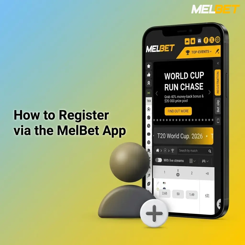 MelBet app registration steps showing sign up form, bonus selection, and KYC verification for Indian users