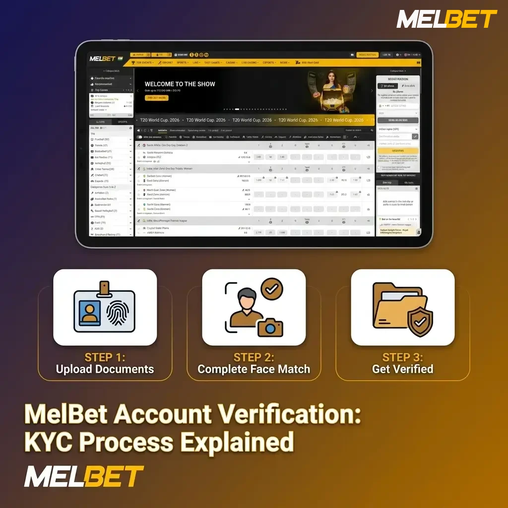 MelBet KYC verification process showing document upload steps including Aadhaar, PAN card, and identity verification guide