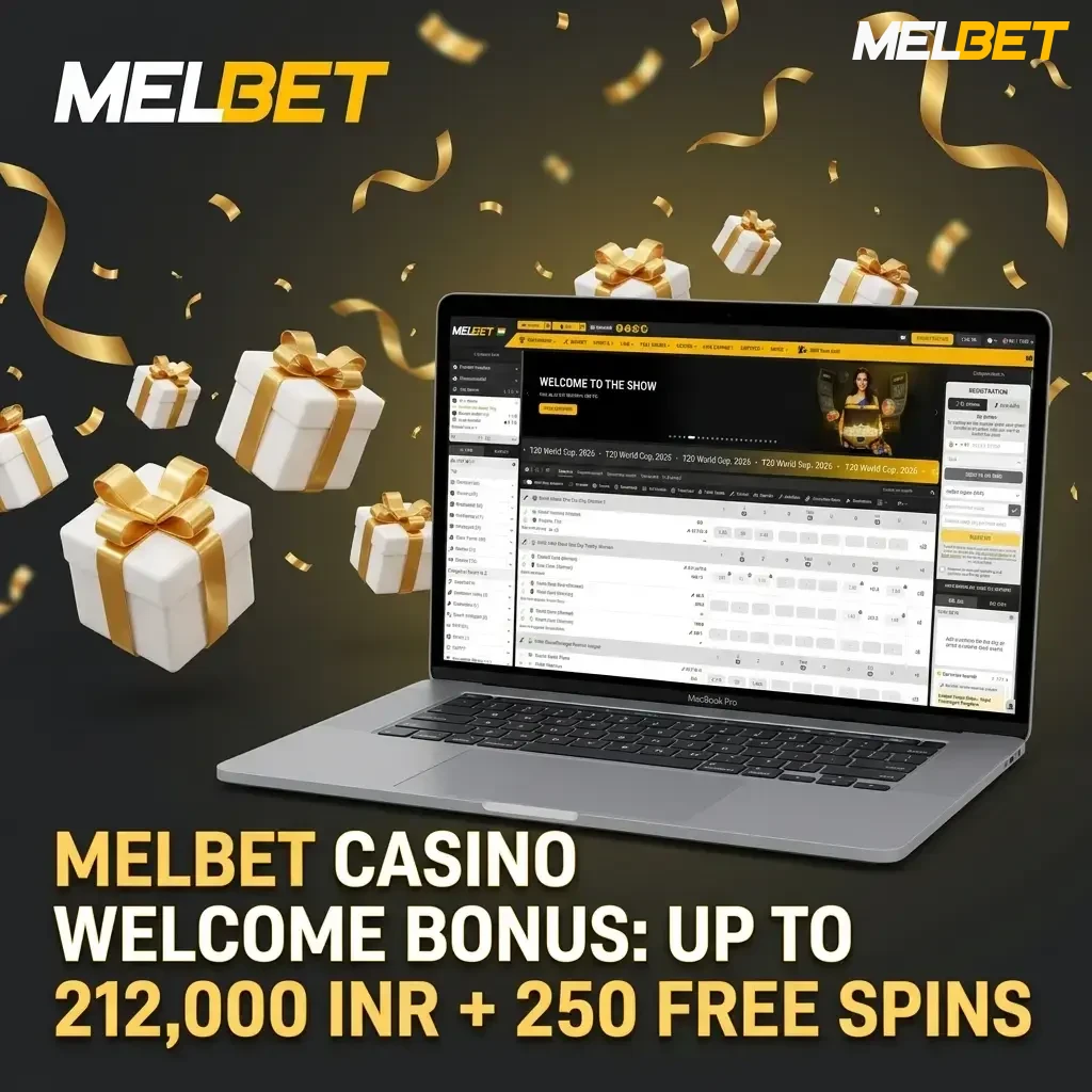 MelBet Casino welcome bonus table showing up to 212,000 INR and 250 free spins across four deposits