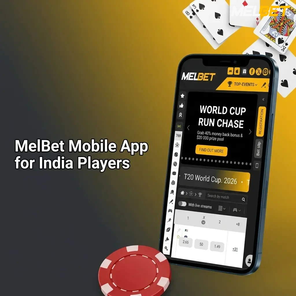 MelBet mobile app for India players showing sports betting and casino features on Android and iOS devices