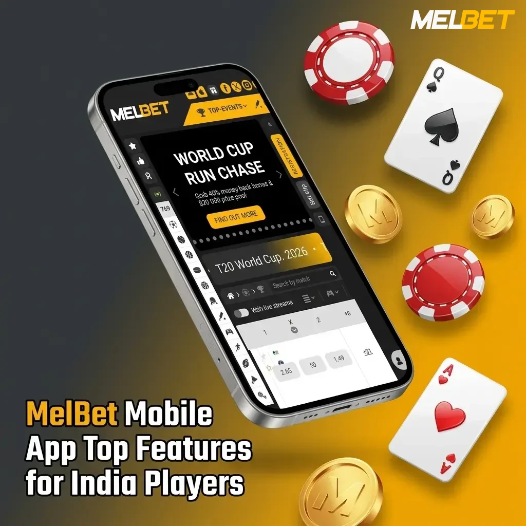 MelBet mobile app features for India players showing casino games, live betting, UPI payments, and INR support