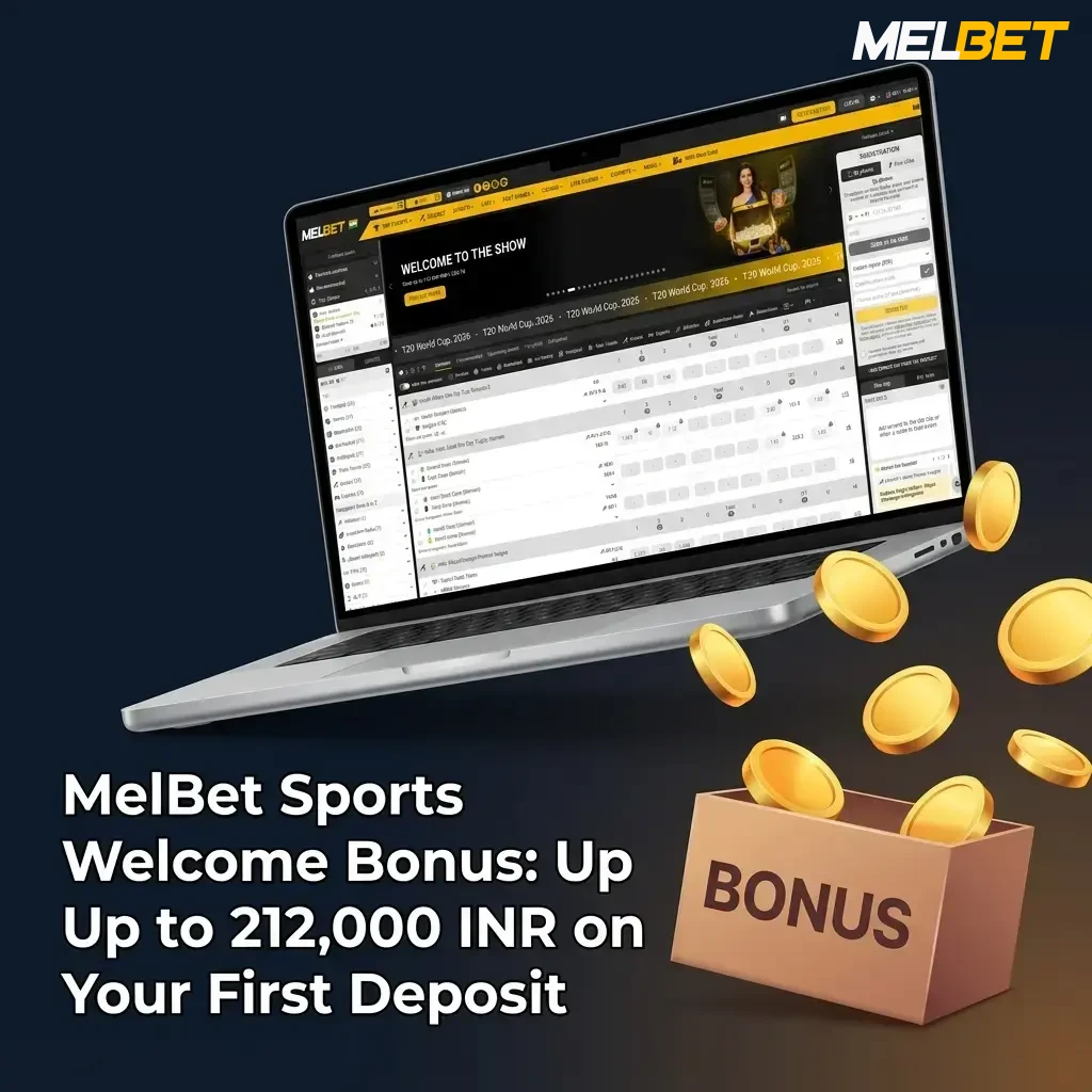 MelBet Sports Welcome Bonus 100% match up to 212,000 INR on first deposit for new players in India