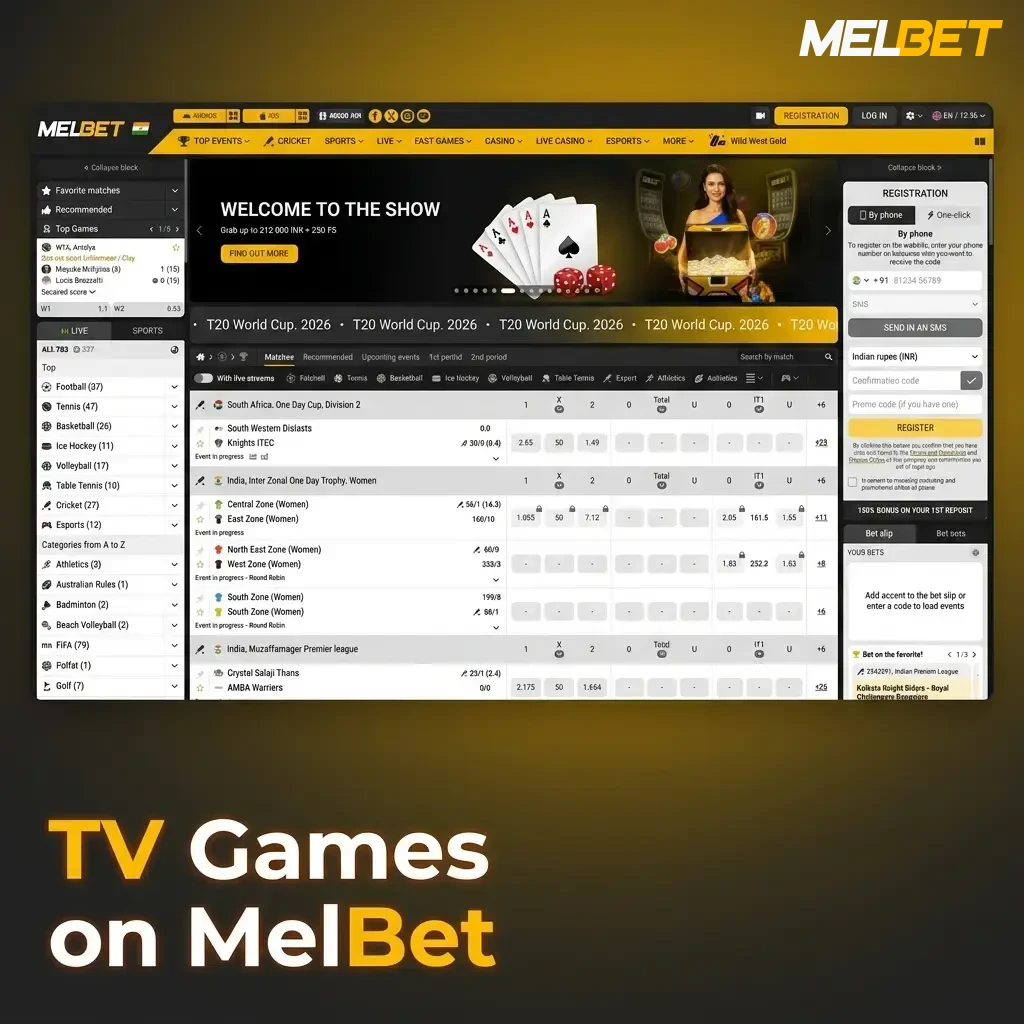MelBet TV Games lobby showing live broadcast-style game shows like Andar Bahar, Poker, and Wheel available 24/7